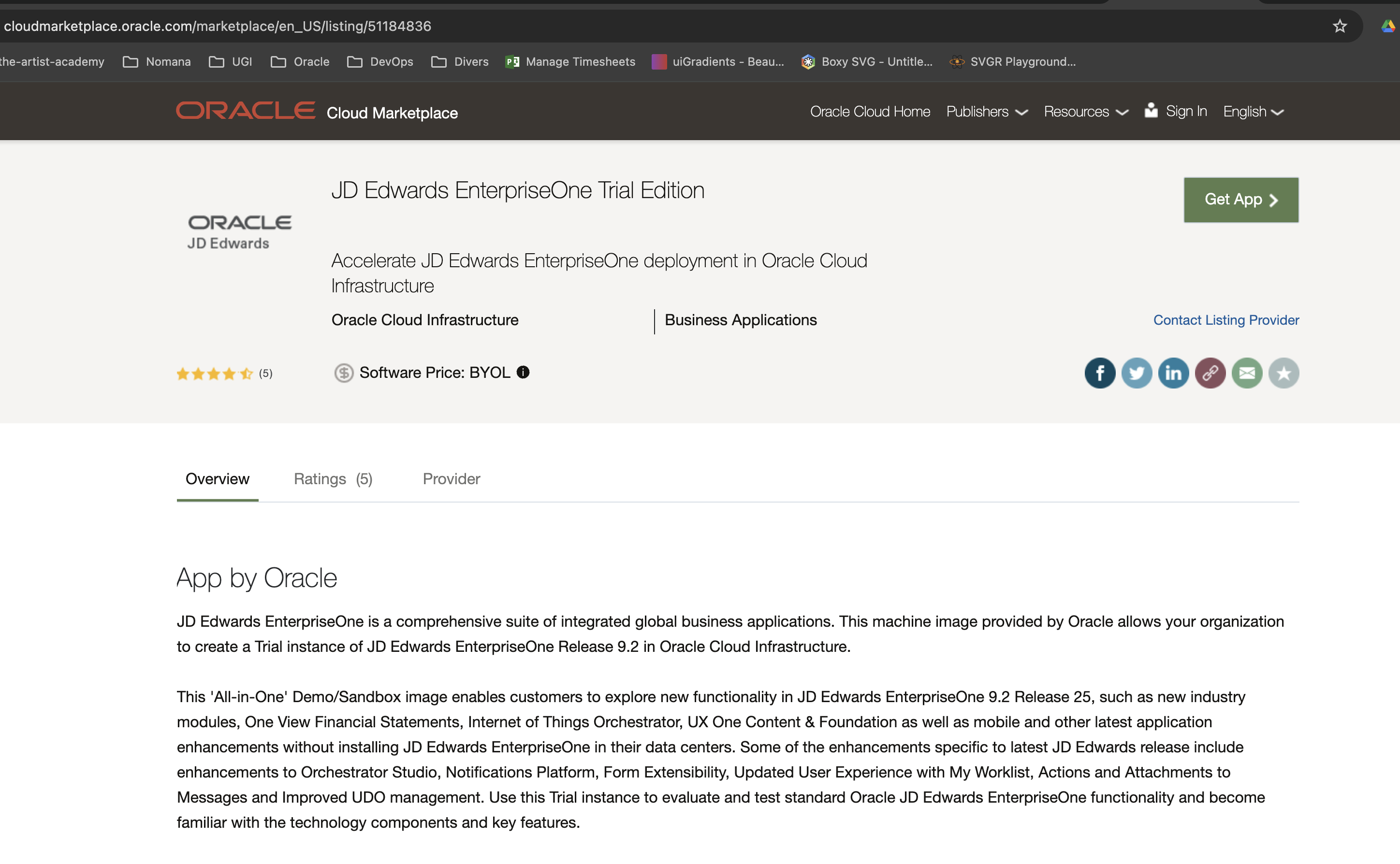 The JD Edwards EnterpriseOne Trial Edition listing on the Oracle Cloud Marketplace
