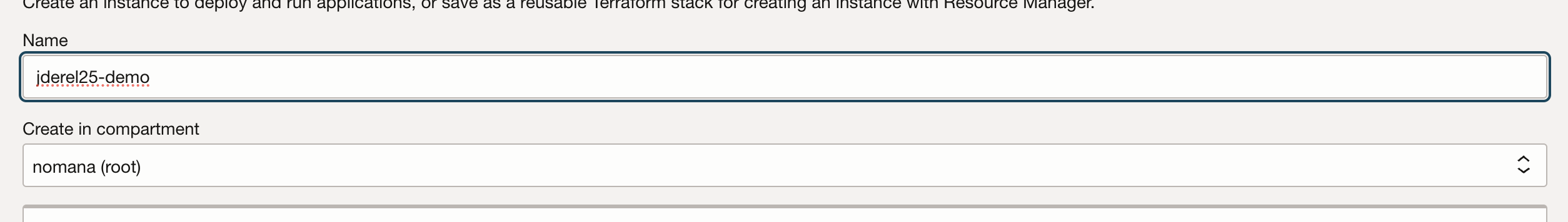 Instance name and compartment
